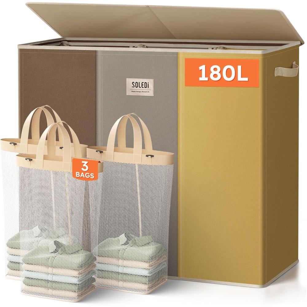 imageSOLEDI 180L Laundry Hamper 3 Section Extra Large Laundry Hamper with Lid Dirty Clothes Hamper with Sturdy Handle Large Laundry Basket Organizer for Laundry Room Bedroom Hampers for LaundryBrownGreyYellow