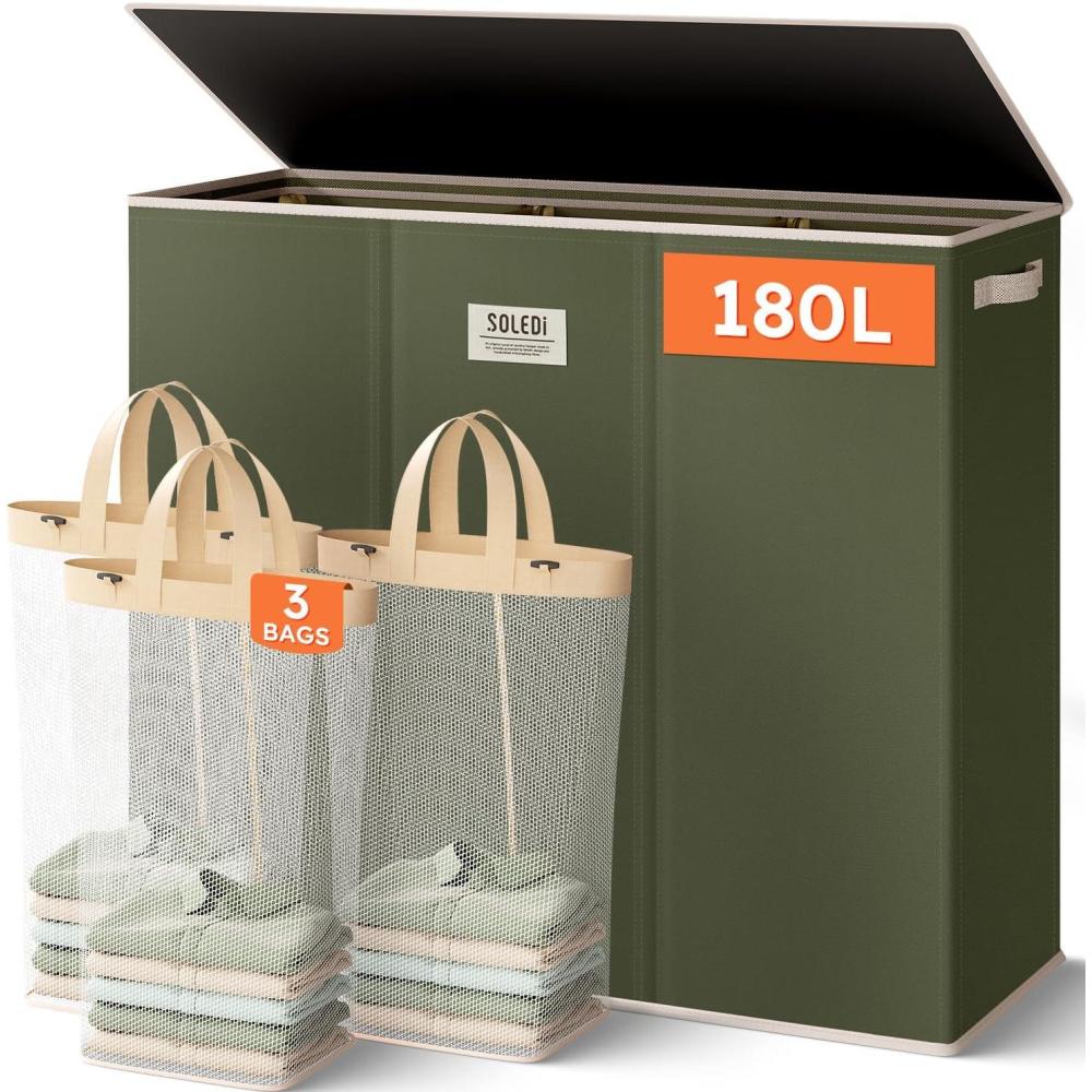 imageSOLEDI 180L Laundry Hamper 3 Section Extra Large Laundry Hamper with Lid Dirty Clothes Hamper with Sturdy Handle Large Laundry Basket Organizer for Laundry Room Bedroom Hampers for LaundryAvocado Green