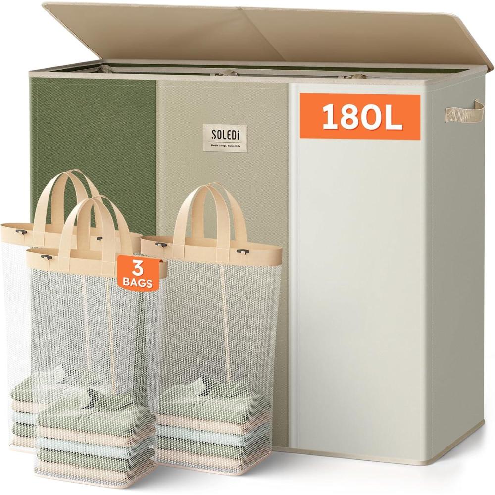 imageSOLEDI 180L Laundry Hamper 3 Section Extra Large Laundry Hamper with Lid Dirty Clothes Hamper with Sturdy Handle Large Laundry Basket Organizer for Laundry Room Bedroom Hampers for LaundryGreenGreyWhite