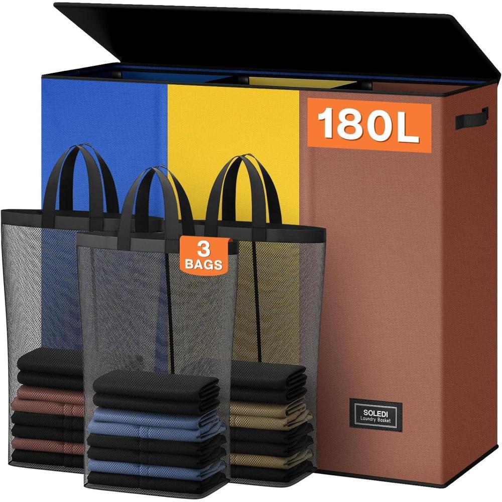 imageSOLEDI 180L Laundry Hamper 3 Section Extra Large Laundry Hamper with Lid Dirty Clothes Hamper with Sturdy Handle Large Laundry Basket Organizer for Laundry Room Bedroom Hampers for LaundryBlueYellowBrown