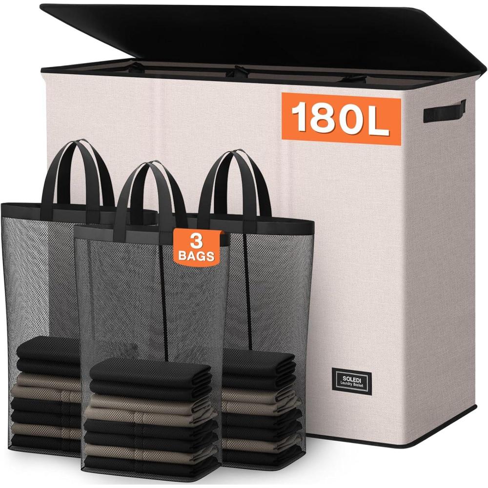 imageSOLEDI 180L Laundry Hamper 3 Section Extra Large Laundry Hamper with Lid Dirty Clothes Hamper with Sturdy Handle Large Laundry Basket Organizer for Laundry Room Bedroom Hampers for LaundryBeige
