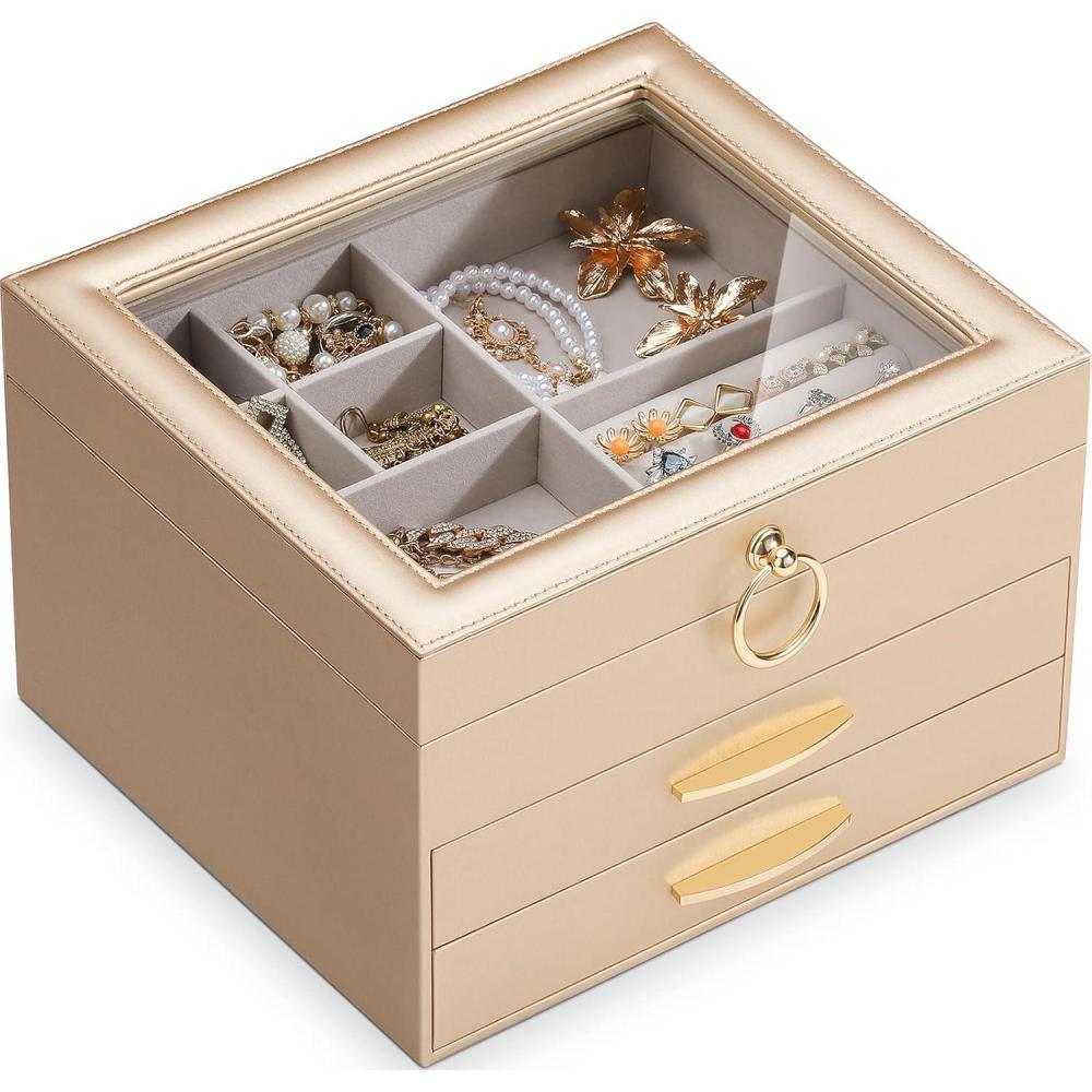 imageSOLEDI Christmas Gift Jewelry Box for Women Elegant Jewelry Organizers and Storage 3Layer 2 Drawers with Glass Lid 102876 inches Jewelry Storag WhiteGold