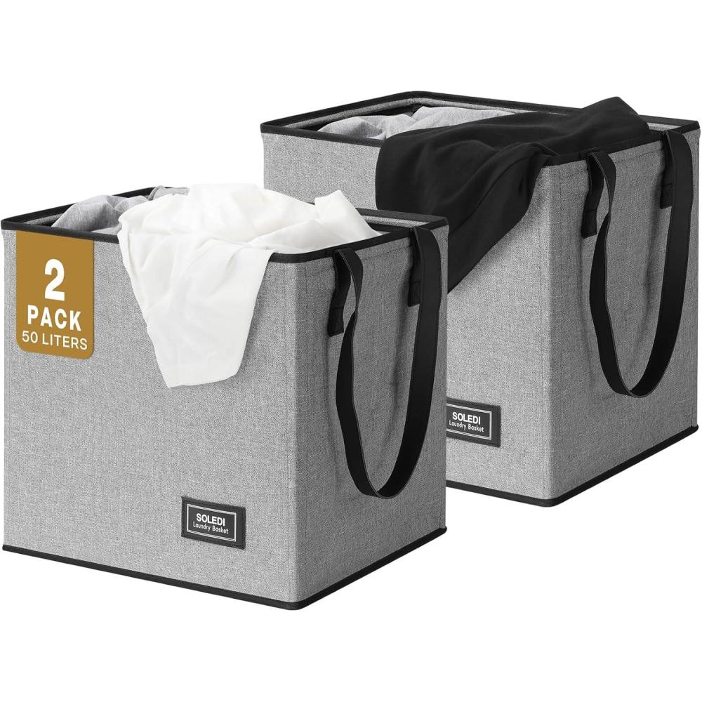 imageSOLEDI Collapsible Laundry Baskets 2Pack 50L 13 Gal Collapsible Laundry Tote with Extended Easy Carry Handle Sturdy Iron Wire Frame Freestanding Clothes Basket for Bathroom Bedroom Dorm Grey
