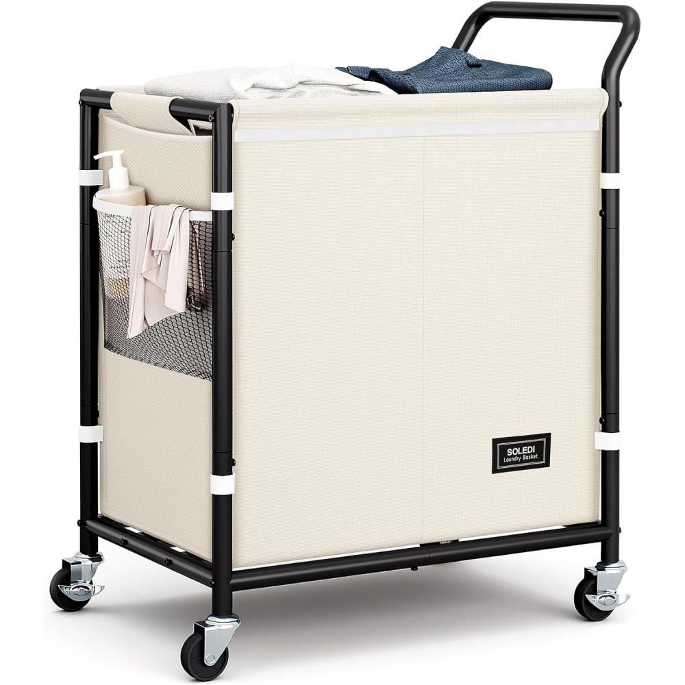imageSOLEDI Laundry Basket with Wheels38 Gallons145L Laundry Hamper 2 SectionSturdy Metal Frame with HandleLaundry CartRolling Laundry Basket for Bedroom AestheticEasy to AssembleIvoryIvory