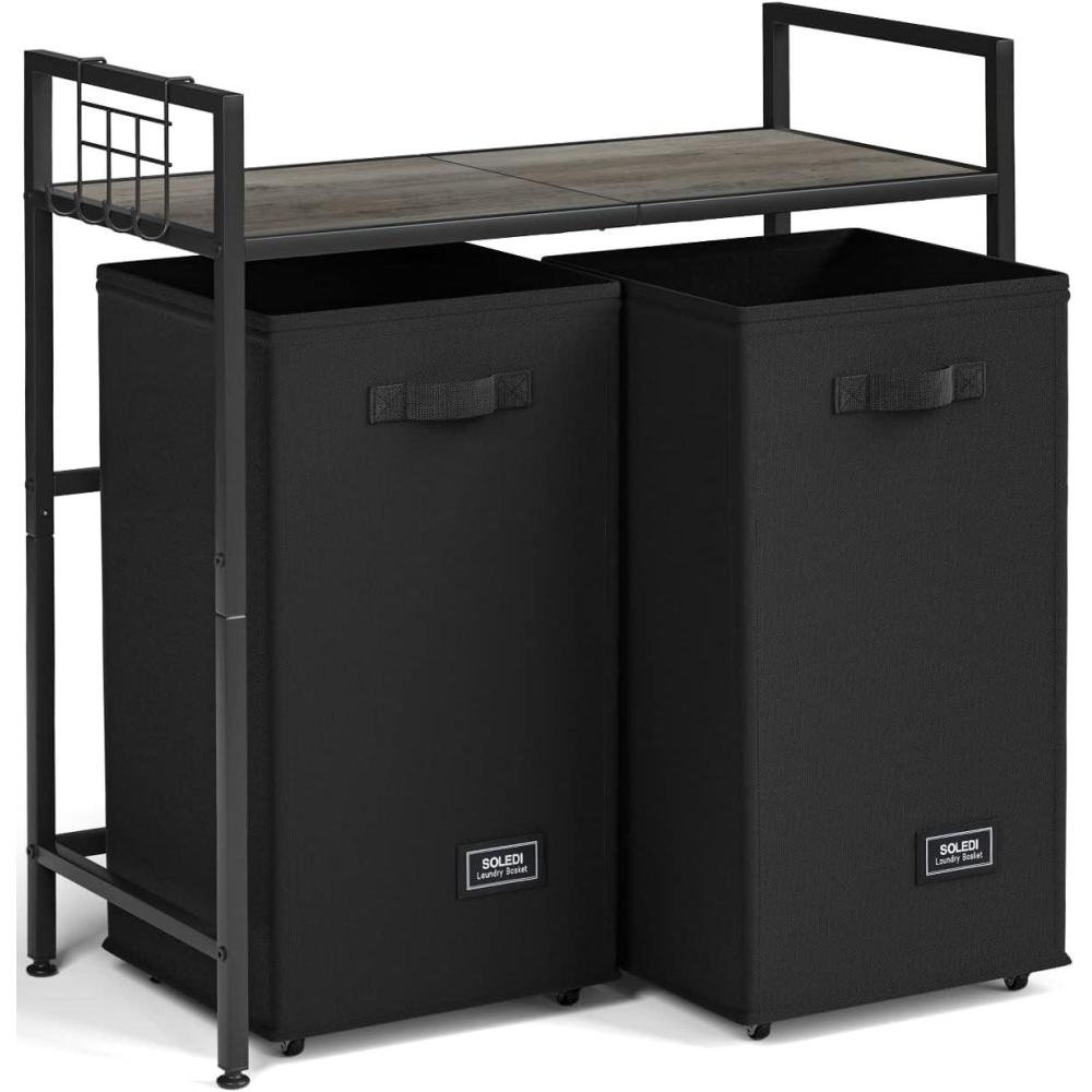 imageSOLEDI Laundry Hamper 2 Section 120L Double Laundry Basket with Wheels Laundry Hamper with Storage Shelf Laundry Sorter Organizer for Laundry Room Batheroom Bedroom Gray