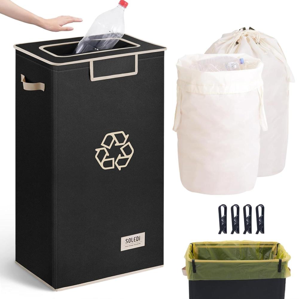 imageSOLEDI Recycle Bins for Kitchen26 Gallon Recycling Bin with Lid and 2 Removeable Reusable Inner BagsIndoor Recycling Trash Can for Collector of Bottles Cans and PlasticBlackBlack