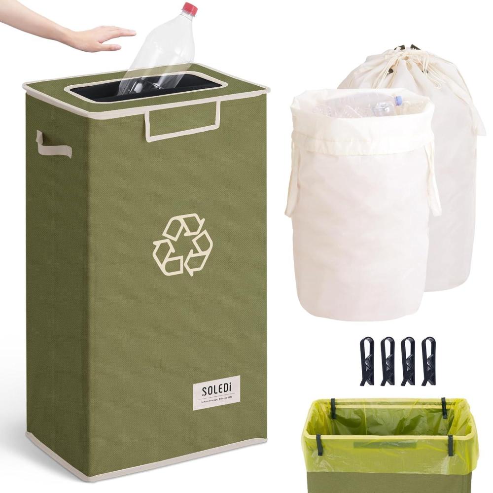 imageSOLEDI Recycle Bins for Kitchen26 Gallon Recycling Bin with Lid and 2 Removeable Reusable Inner BagsIndoor Recycling Trash Can for Collector of Bottles Cans and PlasticBlackGreen