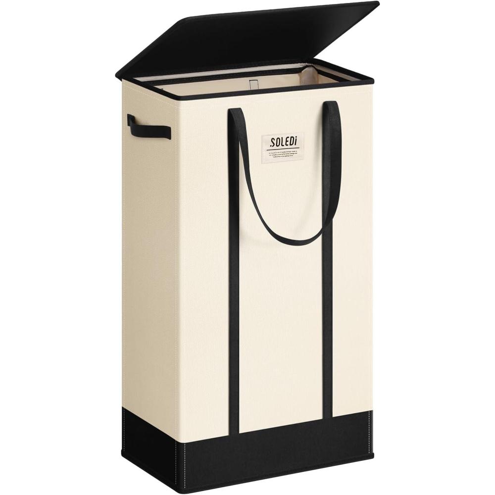 imageSOLEDI Slim Laundry Hamper with LidCollapsible Narrow Laundry Basket with HandlesTall Skinny Dirty Clothes Hamper for for Laundry RoomDormBathroomBedroomand Small Spaces 53L BlackBeige