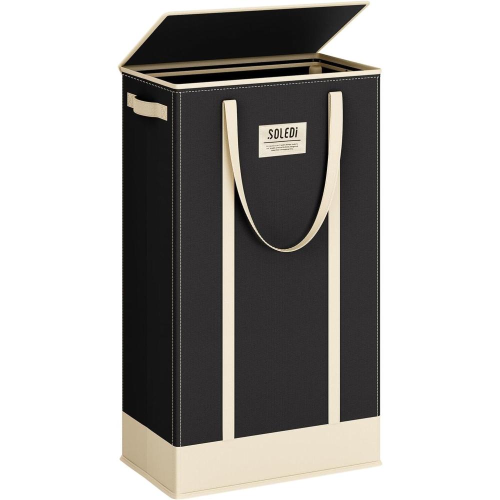 imageSOLEDI Slim Laundry Hamper with LidCollapsible Narrow Laundry Basket with HandlesTall Skinny Dirty Clothes Hamper for for Laundry RoomDormBathroomBedroomand Small Spaces 53L BlackBlack