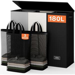 SOLEDI 180L Laundry Hamper 3 Section, Extra Large Laundry Hamper with Lid, Dirty Clothes Hamper with Sturdy Handle, Large Laundry Basket Organizer for Laundry Room, Bedroom, Hampers for Laundry(Black/White/Grey)