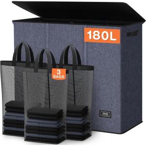SOLEDI 180L Laundry Hamper 3 Section, Extra Large Laundry Hamper with Lid, Dirty Clothes Hamper with Sturdy Handle, Large Laundry Basket Organizer for Laundry Room, Bedroom, Hampers for Laundry(Navy blue)