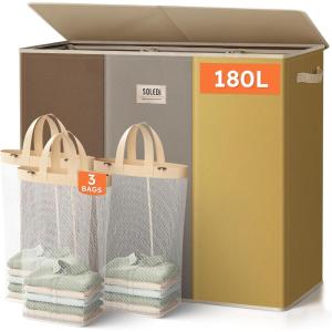 SOLEDI 180L Laundry Hamper 3 Section, Extra Large Laundry Hamper with Lid, Dirty Clothes Hamper with Sturdy Handle, Large Laundry Basket Organizer for Laundry Room, Bedroom, Hampers for Laundry(Brown/Grey/Yellow)