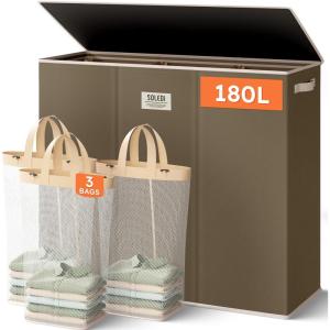 SOLEDI 180L Laundry Hamper 3 Section, Extra Large Laundry Hamper with Lid, Dirty Clothes Hamper with Sturdy Handle, Large Laundry Basket Organizer for Laundry Room, Bedroom, Hampers for Laundry(Chocolate Brown)