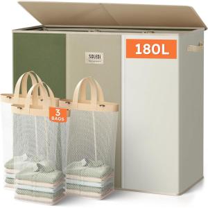 SOLEDI 180L Laundry Hamper 3 Section, Extra Large Laundry Hamper with Lid, Dirty Clothes Hamper with Sturdy Handle, Large Laundry Basket Organizer for Laundry Room, Bedroom, Hampers for Laundry(Green/Grey/White)