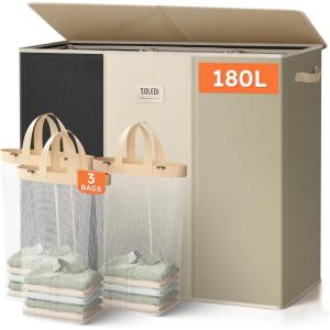 SOLEDI 180L Laundry Hamper 3 Section, Extra Large Laundry Hamper with Lid, Dirty Clothes Hamper with Sturdy Handle, Large Laundry Basket Organizer for Laundry Room, Bedroom, Hampers for Laundry(Black/White/Moon Grey)