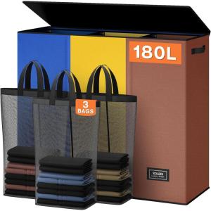 SOLEDI 180L Laundry Hamper 3 Section, Extra Large Laundry Hamper with Lid, Dirty Clothes Hamper with Sturdy Handle, Large Laundry Basket Organizer for Laundry Room, Bedroom, Hampers for Laundry(Blue/Yellow/Brown)