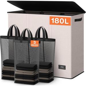 SOLEDI 180L Laundry Hamper 3 Section, Extra Large Laundry Hamper with Lid, Dirty Clothes Hamper with Sturdy Handle, Large Laundry Basket Organizer for Laundry Room, Bedroom, Hampers for Laundry(Beige)