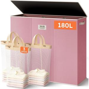 SOLEDI 180L Laundry Hamper 3 Section, Extra Large Laundry Hamper with Lid, Dirty Clothes Hamper with Sturdy Handle, Large Laundry Basket Organizer for Laundry Room, Bedroom, Hampers for Laundry(Strawberry Milkshake Pink)