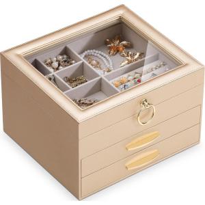 SOLEDI Christmas Gift, Jewelry Box for Women, Elegant Jewelry Organizers and Storage, 3-Layer, 2 Drawers with Glass Lid, 10.2×8.7×6 inches, Jewelry Storag, White(Gold)