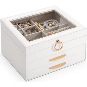 SOLEDI Christmas Gift, Jewelry Box for Women, Elegant Jewelry Organizers and Storage, 3-Layer, 2 Drawers with Glass Lid, 10.2×8.7×6 inches, Jewelry Storag, White(White)