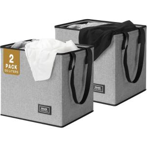 SOLEDI Collapsible Laundry Baskets, 2-Pack 50L (13 Gal) Collapsible Laundry Tote with Extended Easy Carry Handle, Sturdy Iron Wire Frame, Freestanding Clothes Basket for Bathroom, Bedroom, Dorm. Grey