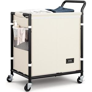SOLEDI Laundry Basket with Wheels,38 Gallons(145L) Laundry Hamper 2 Section,Sturdy Metal Frame with Handle,Laundry Cart,Rolling Laundry Basket for Bedroom Aesthetic,Easy to Assemble,Ivory(Ivory)