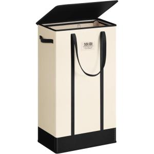 SOLEDI Slim Laundry Hamper with Lid,Collapsible Narrow Laundry Basket with Handles,Tall Skinny Dirty Clothes Hamper for for Laundry Room,Dorm,Bathroom,Bedroom,and Small Spaces, 53L Black(Beige)