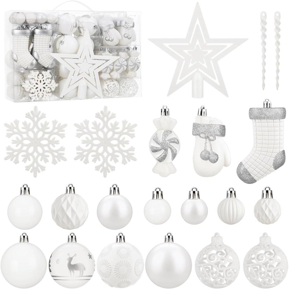 imageSOLEDI 128 Pcs Christmas Tree Decorations Set Assorted Christmas Ornaments PreTied Christmas Balls for Xmas Hanging Decorations Festival Holiday Decor Shiny Shatterproof Decorated Baubles RedWhite