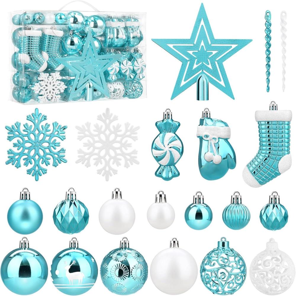 imageSOLEDI 128 Pcs Christmas Tree Decorations Set Assorted Christmas Ornaments PreTied Christmas Balls for Xmas Hanging Decorations Festival Holiday Decor Shiny Shatterproof Decorated Baubles RedBlue