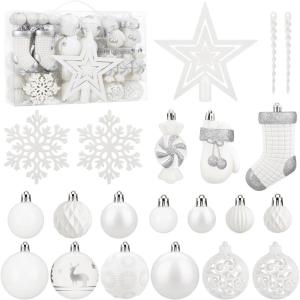 SOLEDI 128 Pcs Christmas Tree Decorations Set Assorted Christmas Ornaments, Pre-Tied Christmas Balls for Xmas Hanging Decorations Festival Holiday Decor, Shiny, Shatterproof Decorated Baubles, Red(White)