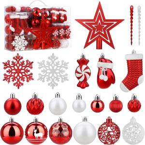 SOLEDI 128 Pcs Christmas Tree Decorations Set Assorted Christmas Ornaments, Pre-Tied Christmas Balls for Xmas Hanging Decorations Festival Holiday Decor, Shiny, Shatterproof Decorated Baubles, Red(Red)