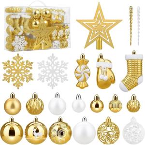 SOLEDI 128 Pcs Christmas Tree Decorations Set Assorted Christmas Ornaments, Pre-Tied Christmas Balls for Xmas Hanging Decorations Festival Holiday Decor, Shiny, Shatterproof Decorated Baubles, Red(Gold)