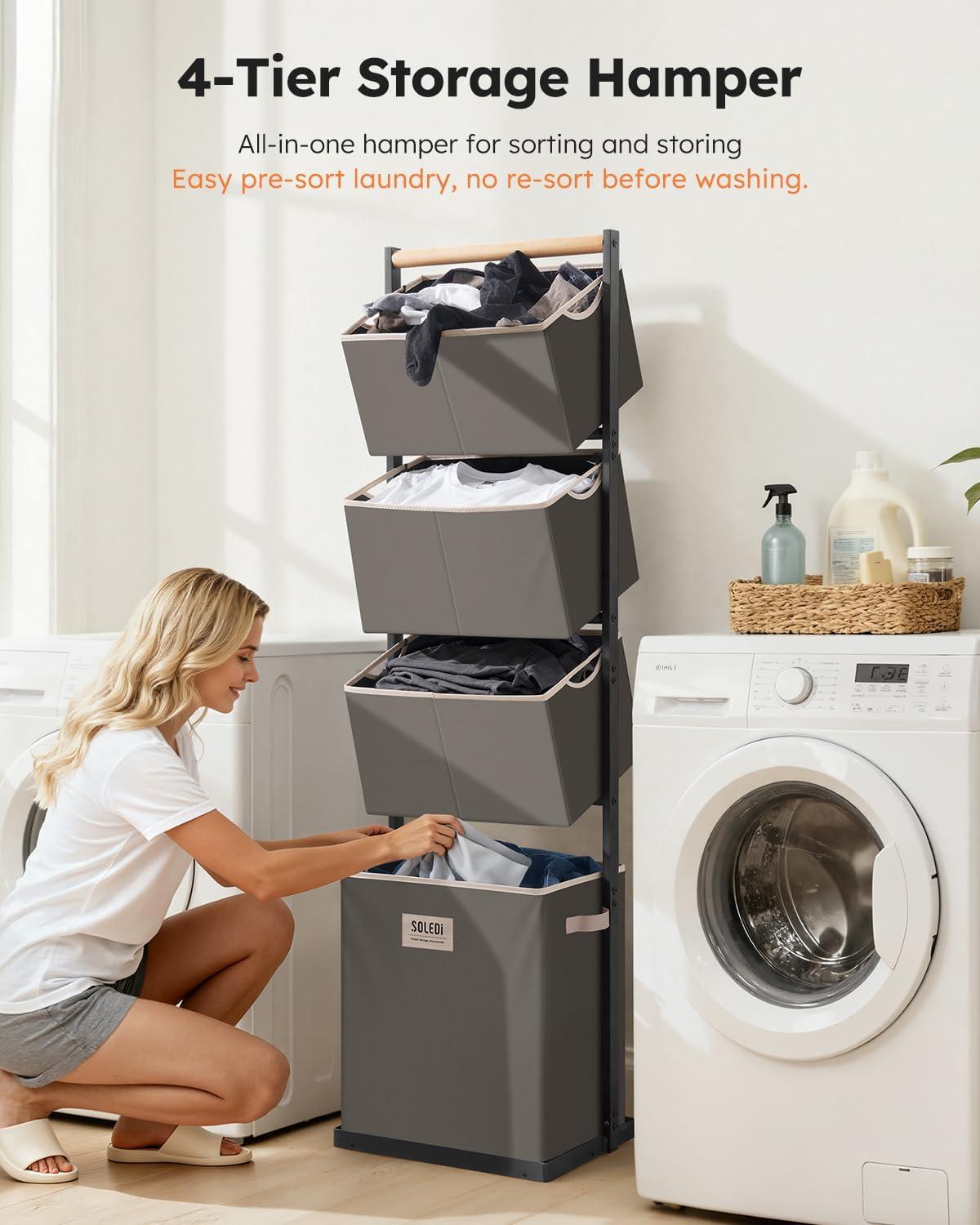 imageSOLEDI 4 Section Laundry Hamper Sorter Stackable Laundry Basket Organizer with Removable Basket 125L 4Tier Vertical Laundry Sorter for Small Space Laundry Room Dorm Bathroom Wardrobe GreyGrey