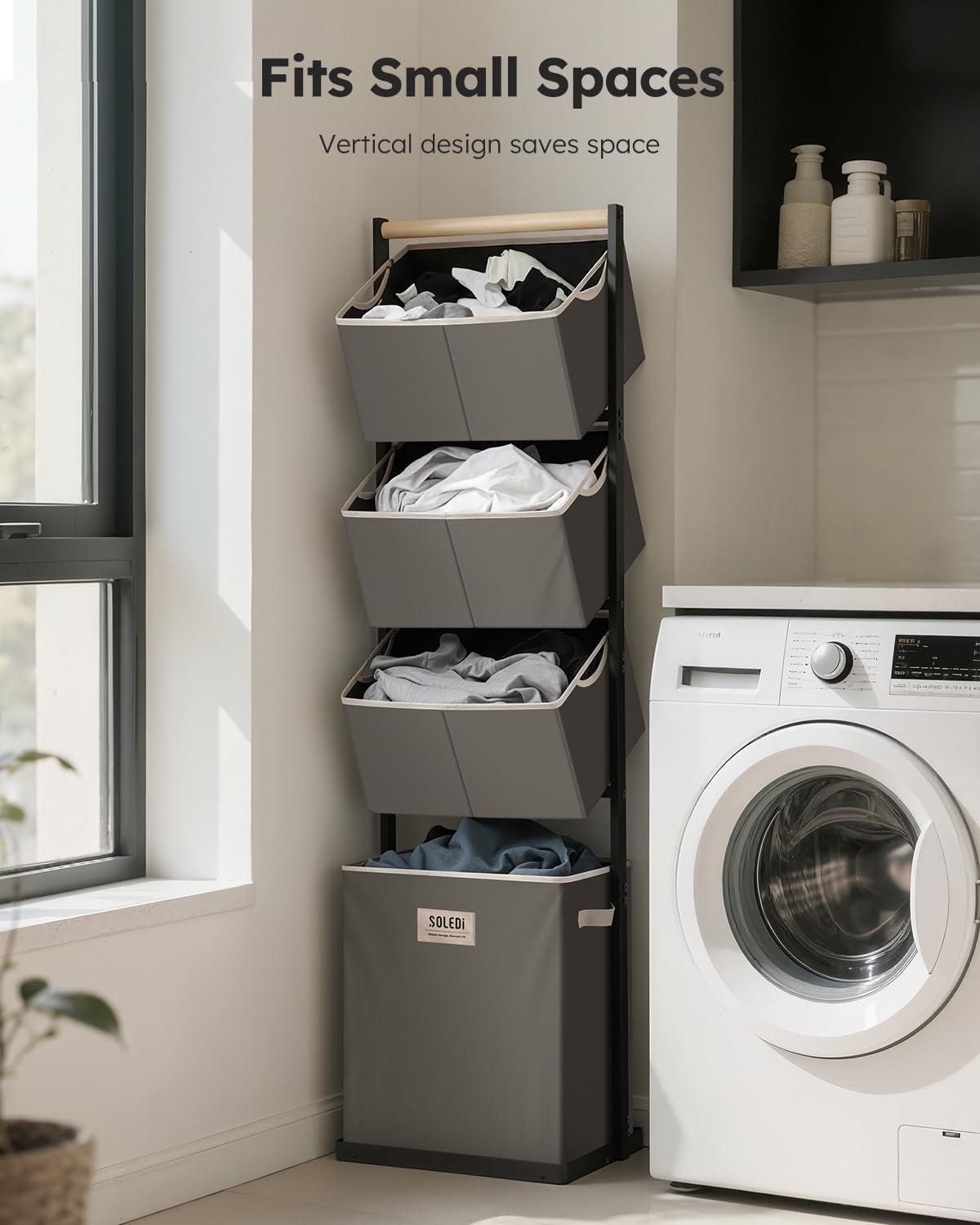 imageSOLEDI 4 Section Laundry Hamper Sorter Stackable Laundry Basket Organizer with Removable Basket 125L 4Tier Vertical Laundry Sorter for Small Space Laundry Room Dorm Bathroom Wardrobe GreyGrey