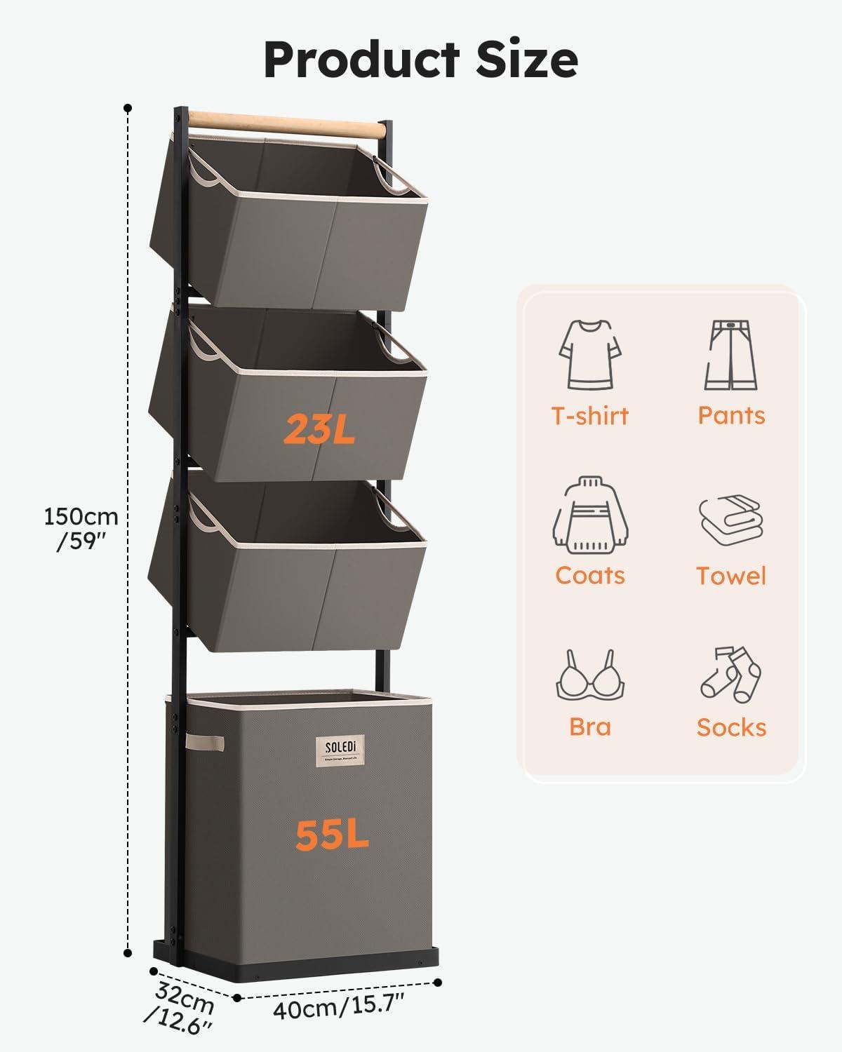 imageSOLEDI 4 Section Laundry Hamper Sorter Stackable Laundry Basket Organizer with Removable Basket 125L 4Tier Vertical Laundry Sorter for Small Space Laundry Room Dorm Bathroom Wardrobe GreyGrey