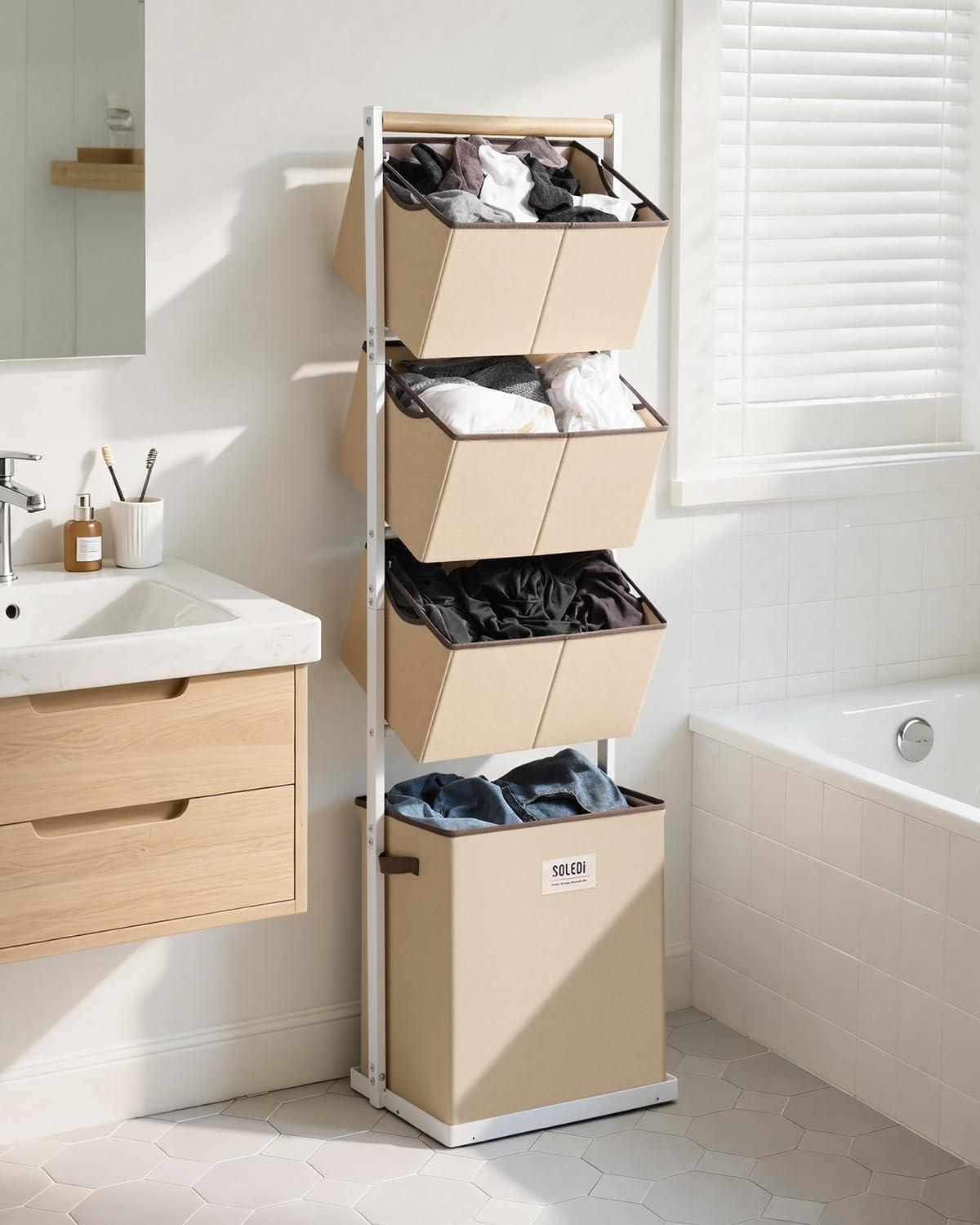 imageSOLEDI 4 Section Laundry Hamper Sorter Stackable Laundry Basket Organizer with Removable Basket 125L 4Tier Vertical Laundry Sorter for Small Space Laundry Room Dorm Bathroom Wardrobe GreyBeige