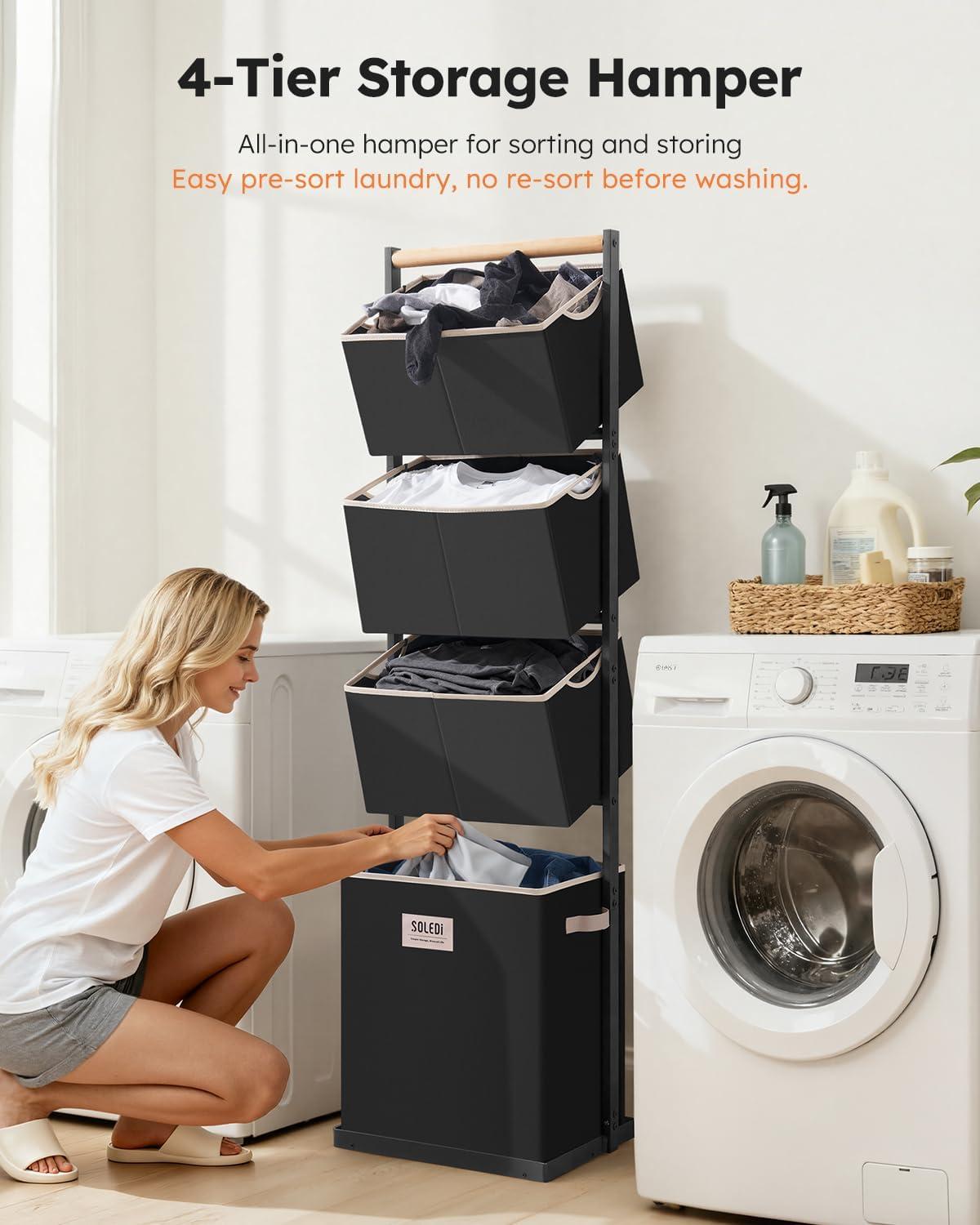 imageSOLEDI 4 Section Laundry Hamper Sorter Stackable Laundry Basket Organizer with Removable Basket 125L 4Tier Vertical Laundry Sorter for Small Space Laundry Room Dorm Bathroom Wardrobe GreyBlack