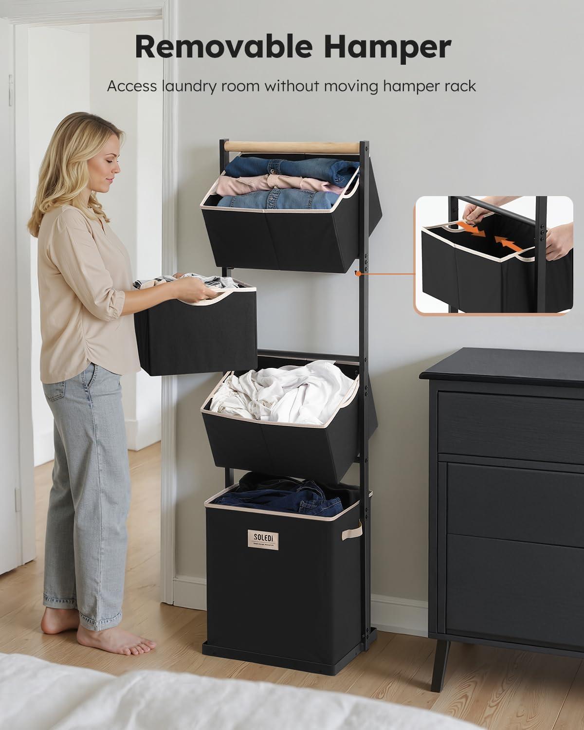 imageSOLEDI 4 Section Laundry Hamper Sorter Stackable Laundry Basket Organizer with Removable Basket 125L 4Tier Vertical Laundry Sorter for Small Space Laundry Room Dorm Bathroom Wardrobe GreyBlack