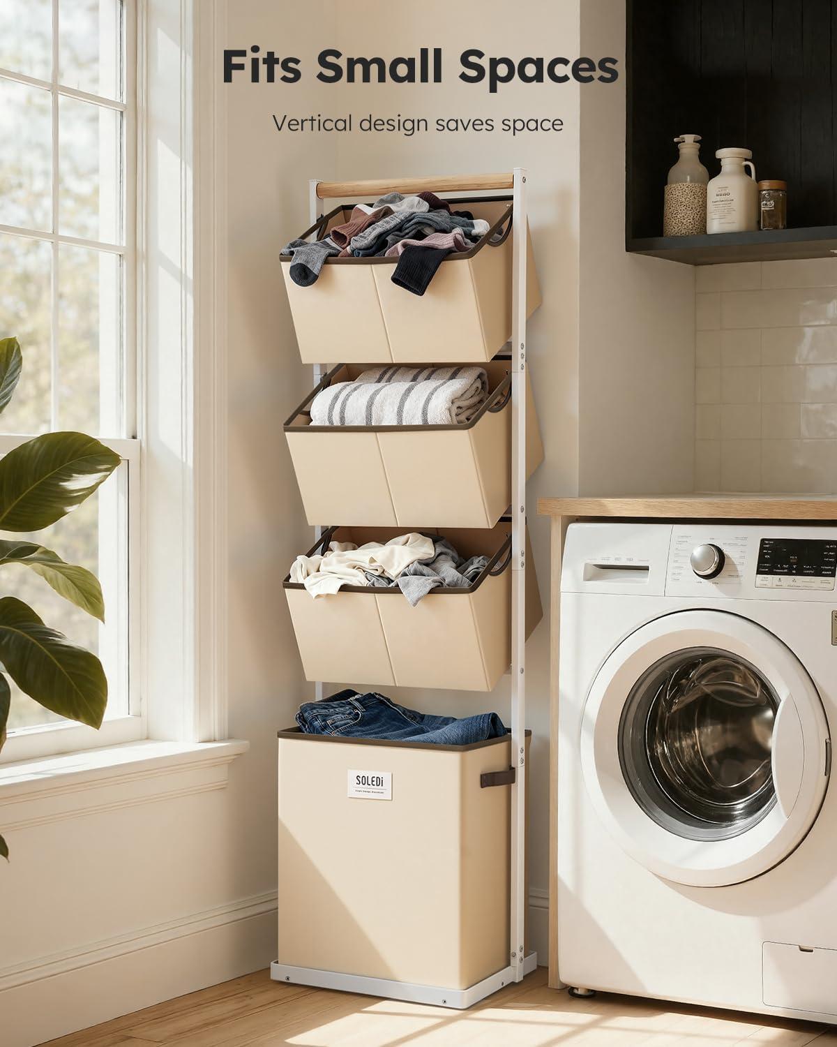 imageSOLEDI 4 Section Laundry Hamper Sorter Stackable Laundry Basket Organizer with Removable Basket 125L 4Tier Vertical Laundry Sorter for Small Space Laundry Room Dorm Bathroom Wardrobe GreyBeige