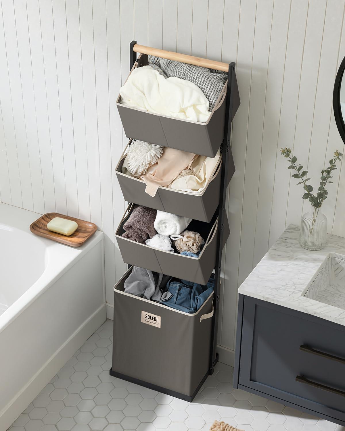 imageSOLEDI 4 Section Laundry Hamper Sorter Stackable Laundry Basket Organizer with Removable Basket 125L 4Tier Vertical Laundry Sorter for Small Space Laundry Room Dorm Bathroom Wardrobe GreyGrey