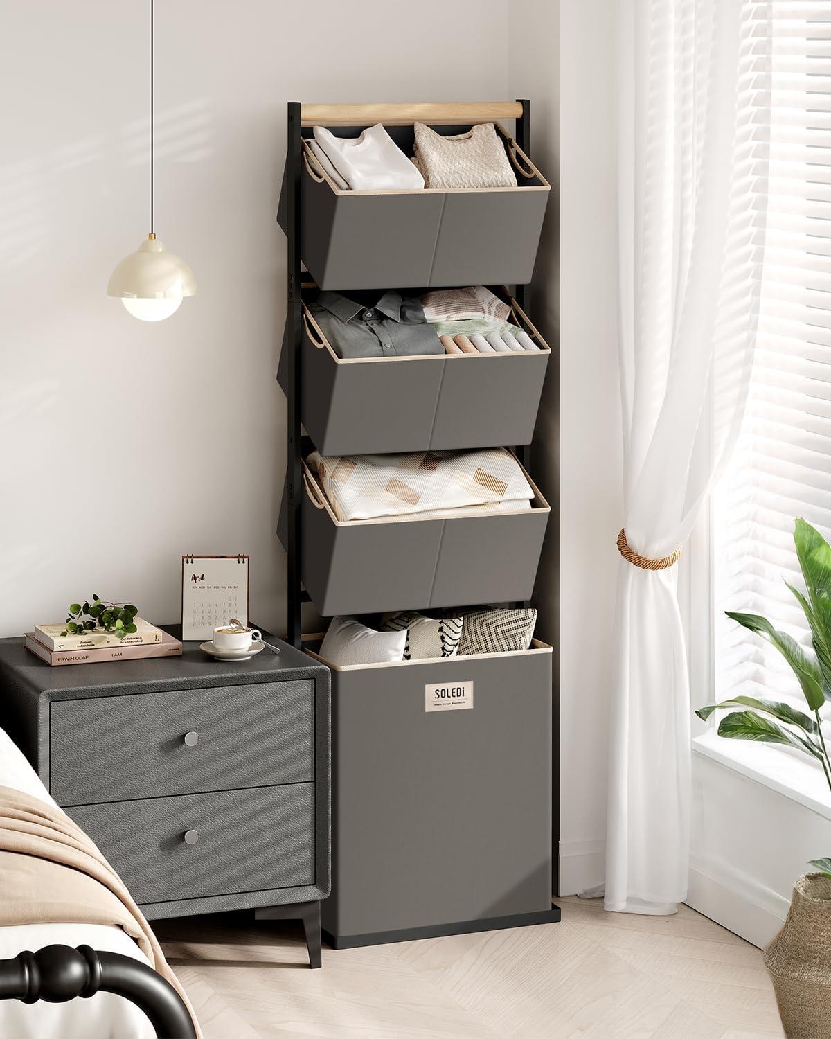 imageSOLEDI 4 Section Laundry Hamper Sorter Stackable Laundry Basket Organizer with Removable Basket 125L 4Tier Vertical Laundry Sorter for Small Space Laundry Room Dorm Bathroom Wardrobe GreyGrey