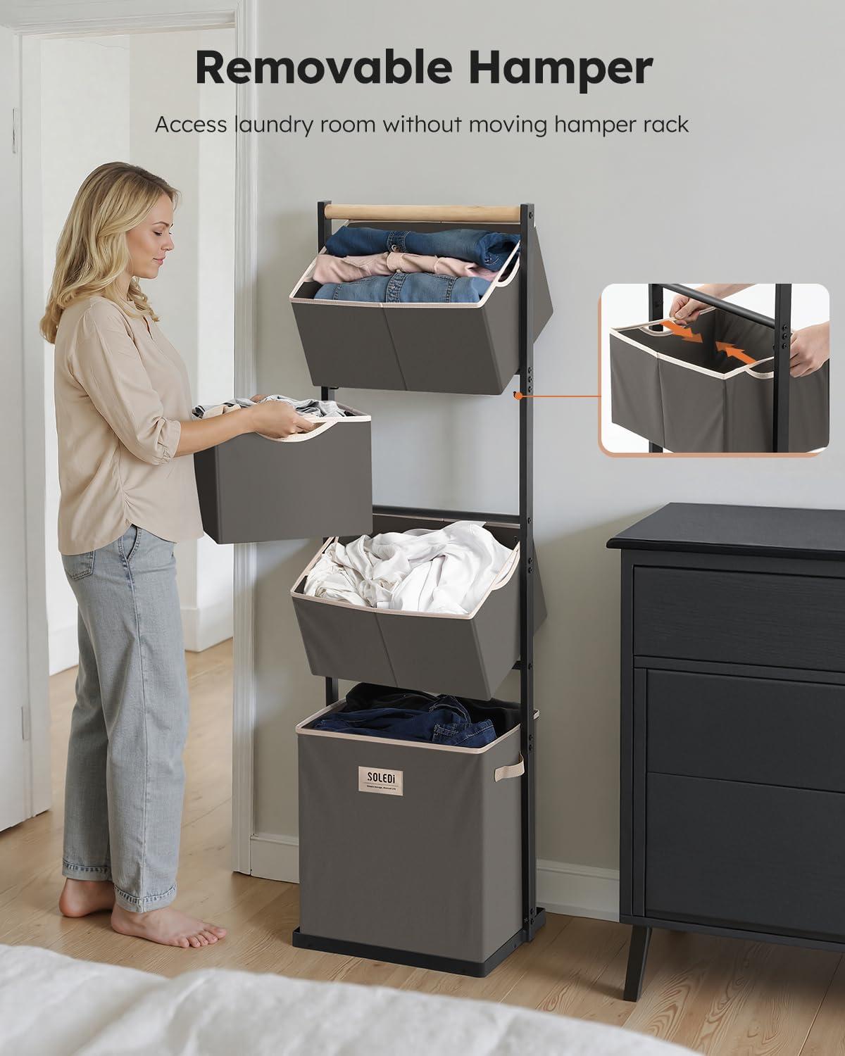 imageSOLEDI 4 Section Laundry Hamper Sorter Stackable Laundry Basket Organizer with Removable Basket 125L 4Tier Vertical Laundry Sorter for Small Space Laundry Room Dorm Bathroom Wardrobe GreyGrey