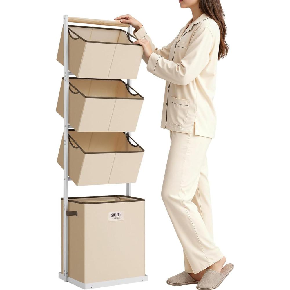 imageSOLEDI 4 Section Laundry Hamper Sorter Stackable Laundry Basket Organizer with Removable Basket 125L 4Tier Vertical Laundry Sorter for Small Space Laundry Room Dorm Bathroom Wardrobe GreyBeige