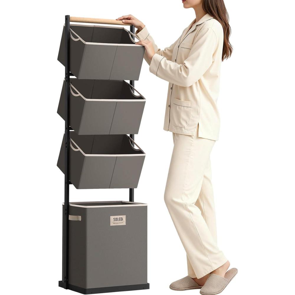 imageSOLEDI 4 Section Laundry Hamper Sorter Stackable Laundry Basket Organizer with Removable Basket 125L 4Tier Vertical Laundry Sorter for Small Space Laundry Room Dorm Bathroom Wardrobe GreyGrey