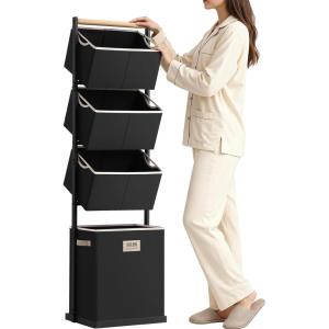 SOLEDI 4 Section Laundry Hamper Sorter, Stackable Laundry Basket Organizer with Removable Basket, 125L 4-Tier Vertical Laundry Sorter for Small Space, Laundry Room, Dorm, Bathroom, Wardrobe Grey(Black)