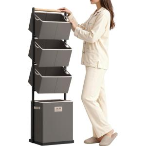 SOLEDI 4 Section Laundry Hamper Sorter, Stackable Laundry Basket Organizer with Removable Basket, 125L 4-Tier Vertical Laundry Sorter for Small Space, Laundry Room, Dorm, Bathroom, Wardrobe Grey(Grey)