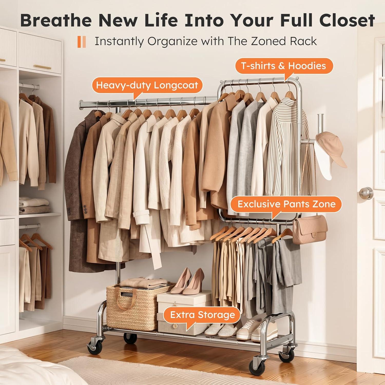 imageSOLEDI Heavy Duty Partitioned Clothes Rack 460 LBS Load Metal Garment Rack with Shelves amp Lockable Wheels Rolling Hanging Rack for Bedroom Laundry Room Store amp Garage SilverSilver