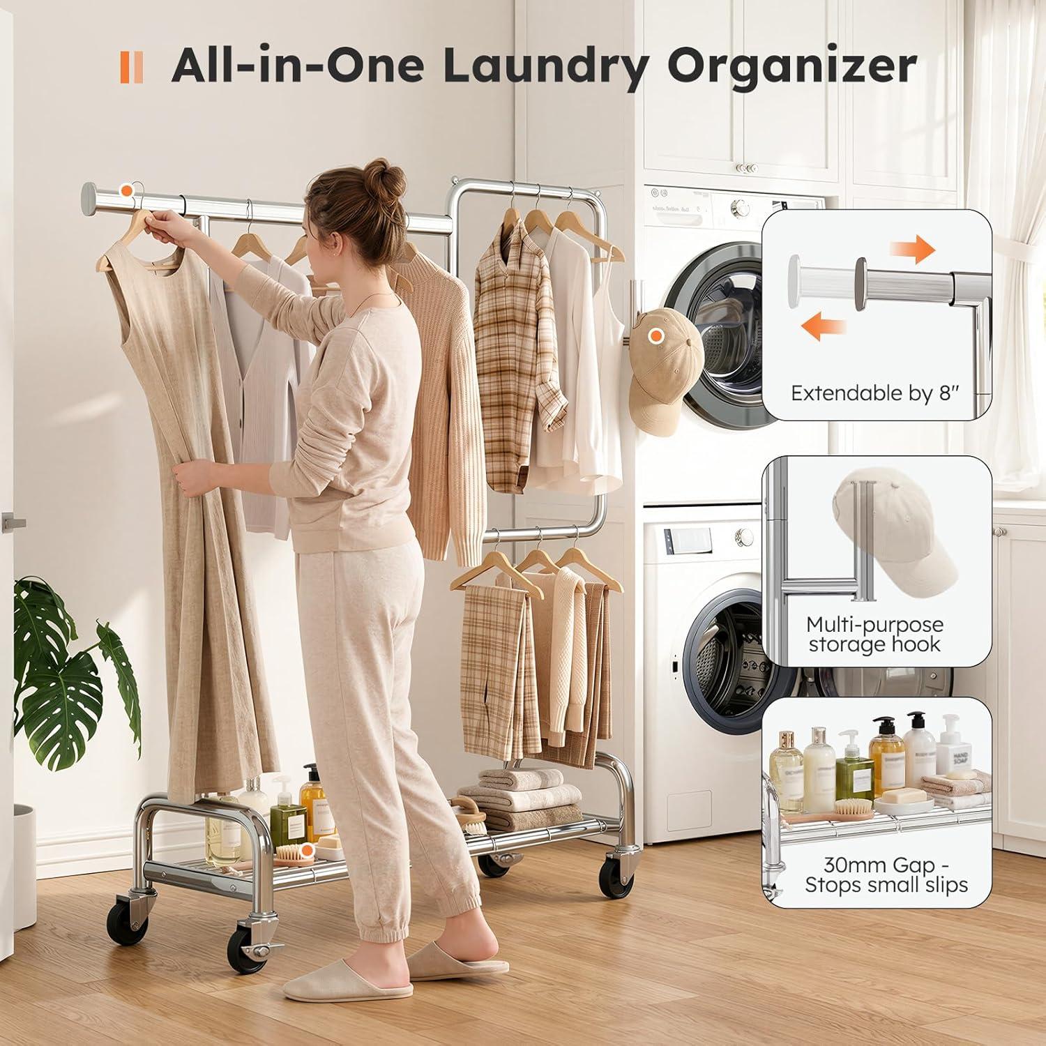 imageSOLEDI Heavy Duty Partitioned Clothes Rack 460 LBS Load Metal Garment Rack with Shelves amp Lockable Wheels Rolling Hanging Rack for Bedroom Laundry Room Store amp Garage SilverSilver