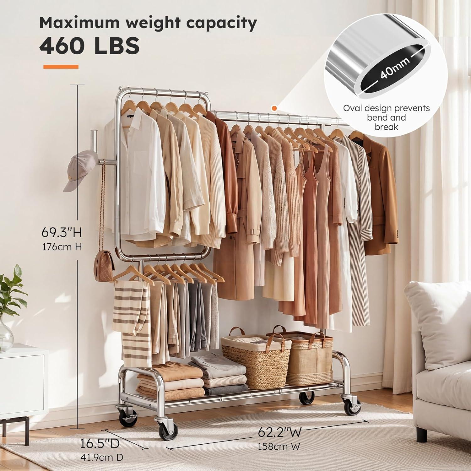 imageSOLEDI Heavy Duty Partitioned Clothes Rack 460 LBS Load Metal Garment Rack with Shelves amp Lockable Wheels Rolling Hanging Rack for Bedroom Laundry Room Store amp Garage SilverSilver