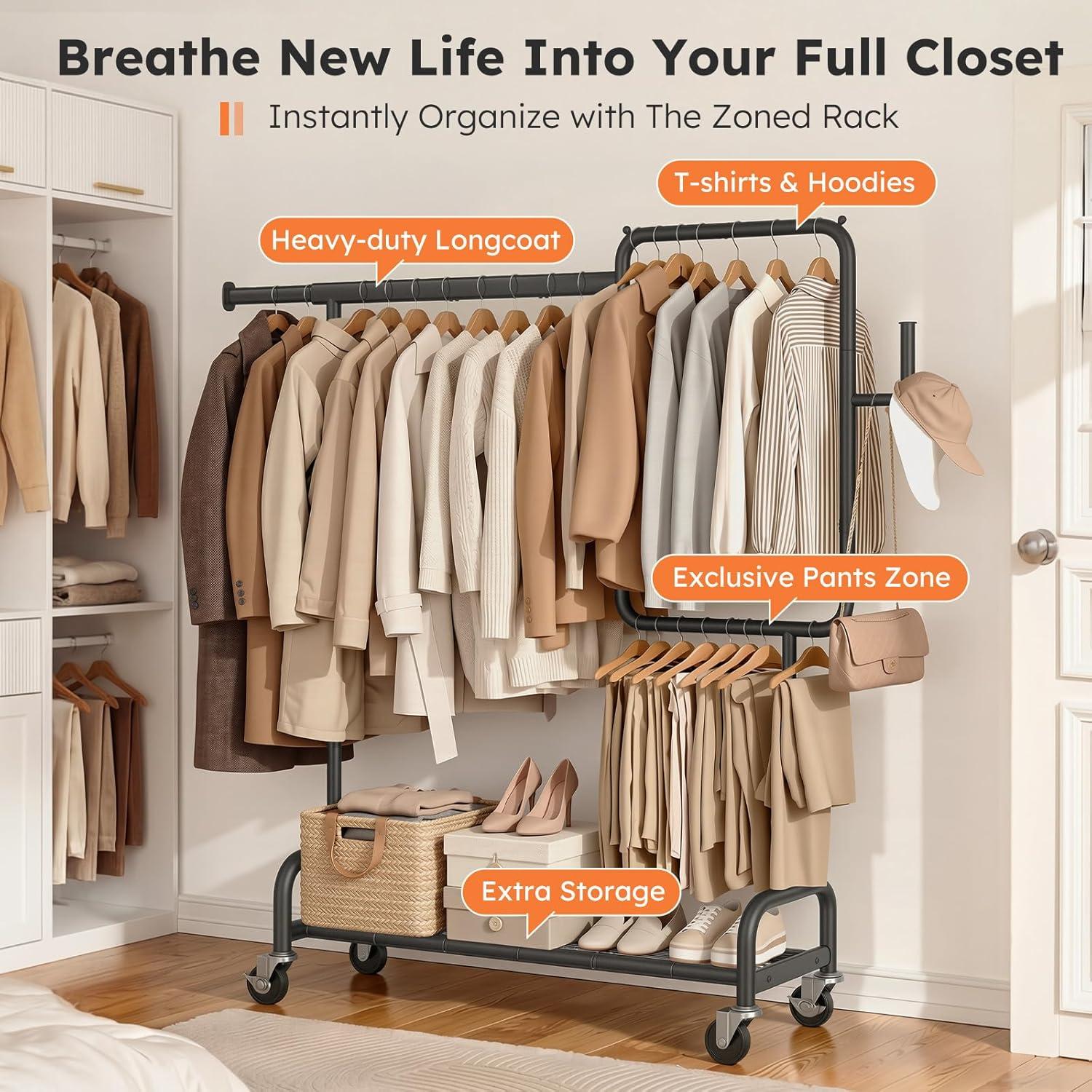 imageSOLEDI Heavy Duty Partitioned Clothes Rack 460 LBS Load Metal Garment Rack with Shelves amp Lockable Wheels Rolling Hanging Rack for Bedroom Laundry Room Store amp Garage SilverBlack